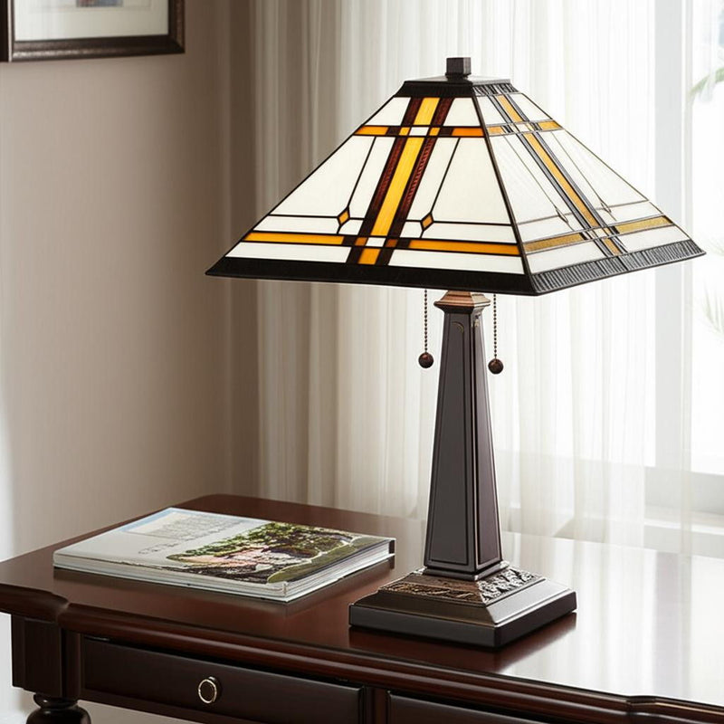 11" x 21" x 22" Metal Two Light Candlestick Table Lamp With Shade - Dark Brown / Beige