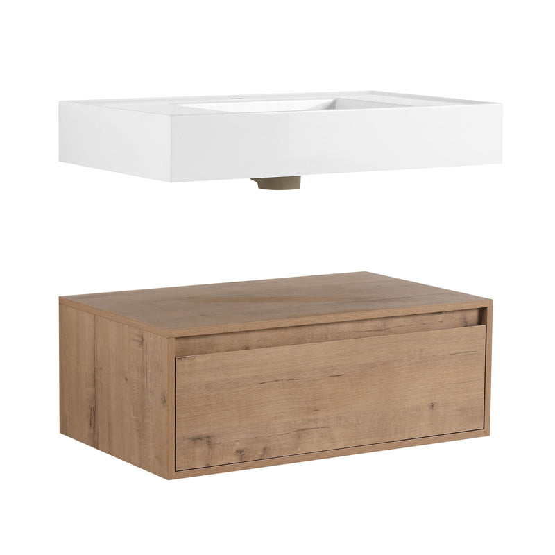 Wall Mounted Bathroom Vanity With Resin Sink And Soft Close Drawer - Imitative Oak