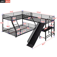 Load image into Gallery viewer, L-Shaped Twin Over Full Bunk Bed With Twin Loft, Built In Desk And Slide - Black
