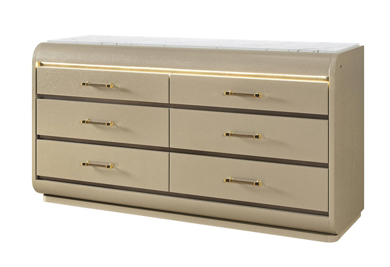 Wood Lighted Six Drawer Double Dresser - Gold