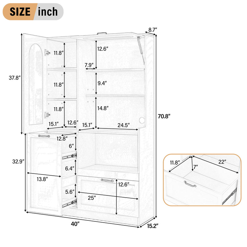 Tall Freestanding Kitchen Pantry Cabinet With Arched Glass Door