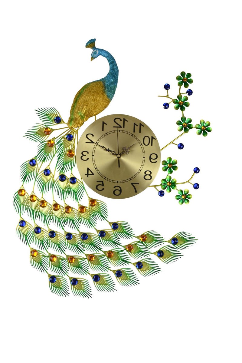 Silent Analog Peacock Novelty Wall Clock (626357) - Gold / Blue / Green