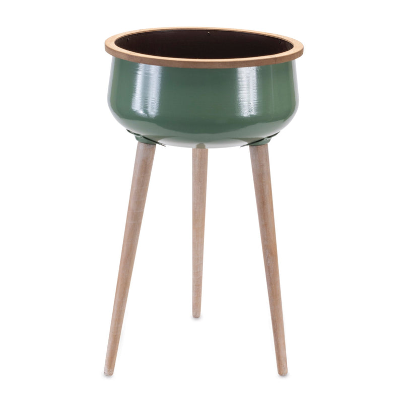 Metal And Wood 130" Ounce Round Elevated Planter - Green And Natural