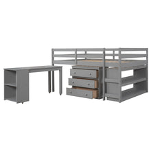 Load image into Gallery viewer, Low Study Full Loft Bed with Cabinet ,Shelves and Rolling Portable Desk ,Multiple Functions Bed- Gray
