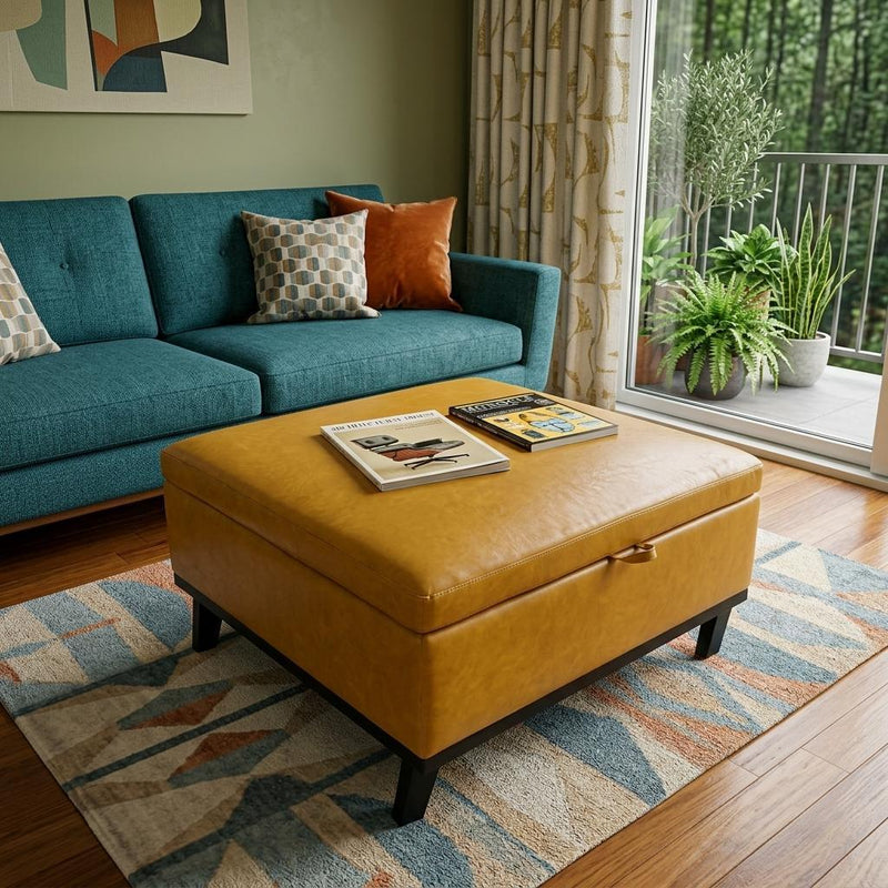 And Black Faux Leather Ottoman With Storage - Yellow