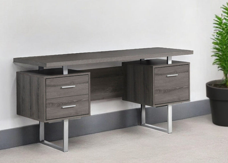 Computer Desk With Three Drawers - Taupe And Silver