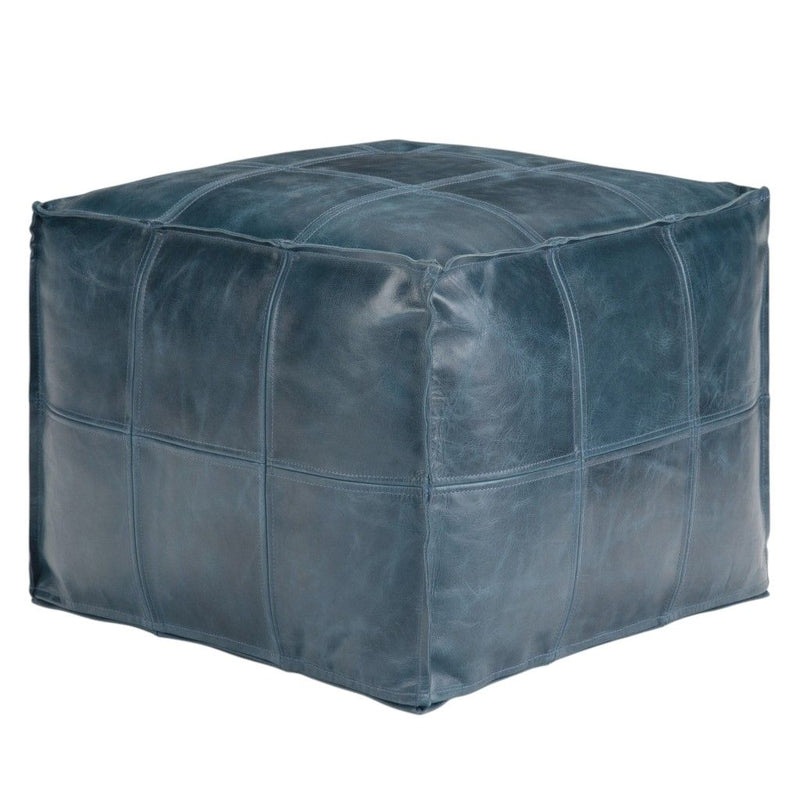 Leather Pouf Ottoman - Blue