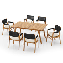 Load image into Gallery viewer, Outdoor 7 Pieces Patio Slat Design Acacia Upholstered Dining Set
