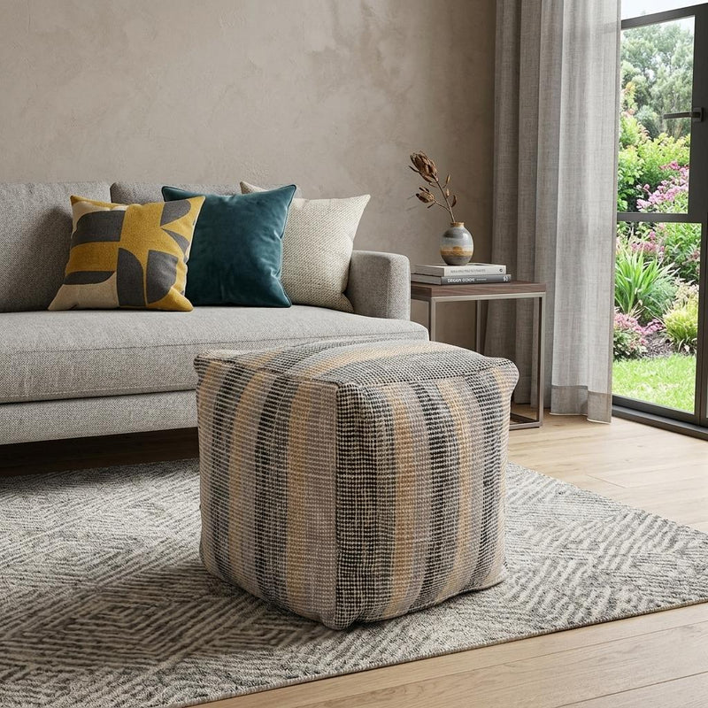 Cotton Blend Striped Cube Pouf Ottoman - Beige Black And Gray