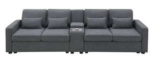 [VIDEO provided] [New] 114.2" Upholstered Sofa with Console, 2 Cupholders and 2 USB Ports Wired or Wirelessly Charged, Modern Linen Fabric Couches with 4 Pillows for Living Room, Apartment (4-Seat)