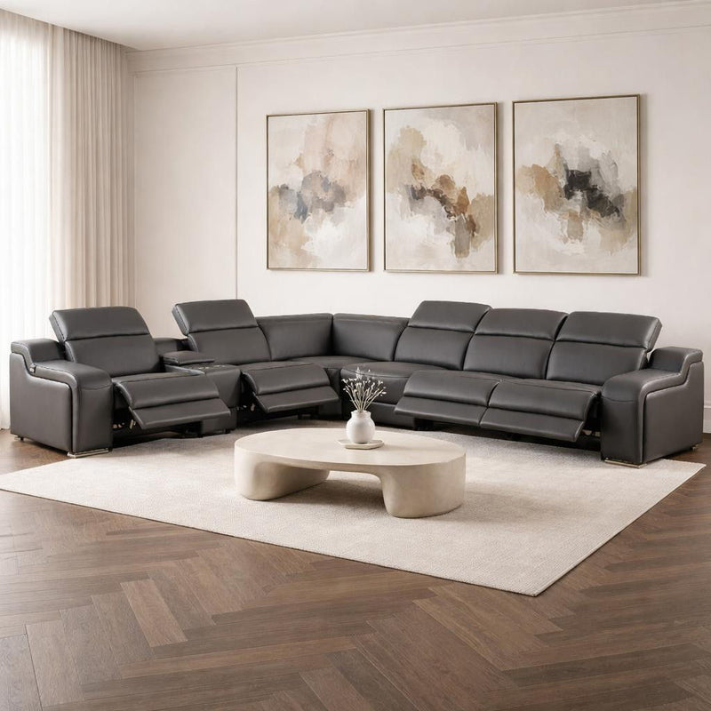 Italian Leather Power Reclining Curved Seven Piece Corner Sectional With Console - Gray
