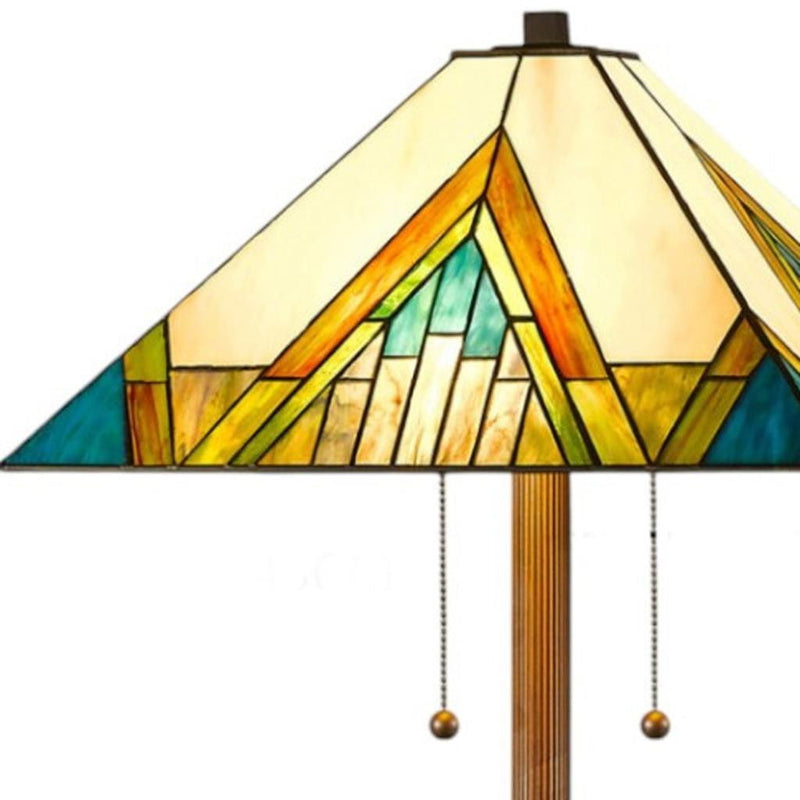 Two Light Traditional Shaped Floor Lamp With Beige Green And Blue Geometric Stained Glass Empire Shade - Brown