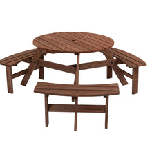 Load image into Gallery viewer, 6-Person Circular Outdoor Wooden Picnic Table for Patio, Backyard, Garden, DIY w/ 3 Built-in Benches, 1720lb Capacity - Brown
