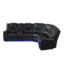 Load image into Gallery viewer, Modern Faux Leather Manual Reclining with Center Console with LED Light Strip,Living Room Furniture Set,PU Symmetrical Couch with 2 Cup Holders and Storage for Living room,Black
