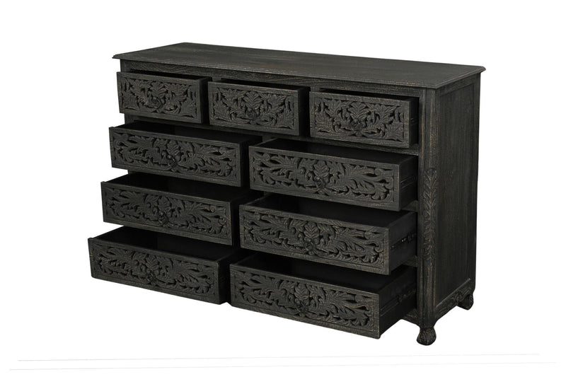 Carved Floral Solid Wood Nine Drawer Dresser - Black