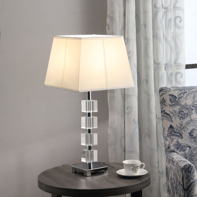 Crystal Geo Cubed Table Lamp With Sharp Corner Square Tapered Shade - Clear White