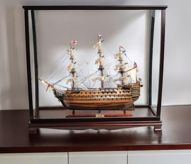 Hand Painted HMS Victory Medium Display Case Model Boat - Brown