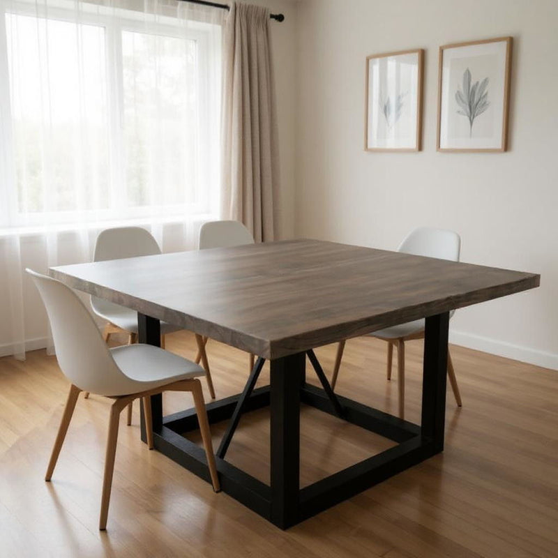 60" Solid Wood And Iron Frame Base Square Dining Table - Dark Brown