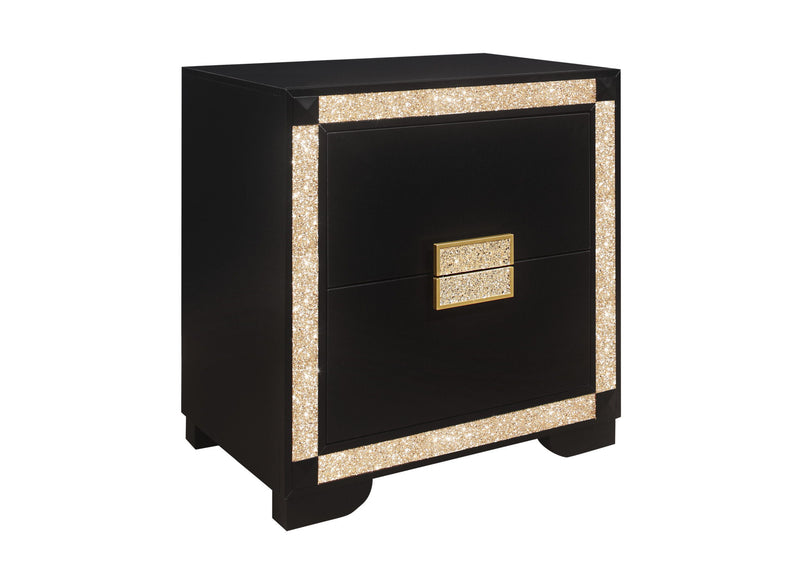26" Two Drawer Faux Crystal Bling Wood Nightstand - Black And Gold