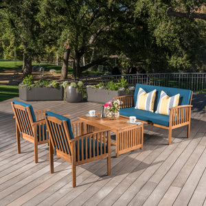 Outdoor Acacia Wood Sofa Set with Water Resistant Cushions, 4-Pcs Set, Brown Patina / Teal Blue