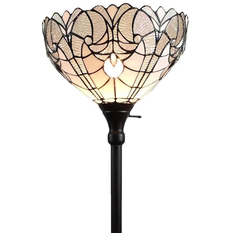 14" x 14" x 62" Traditional Shaped Floor Lamp With White Stained Glass Bowl Shade - Brown