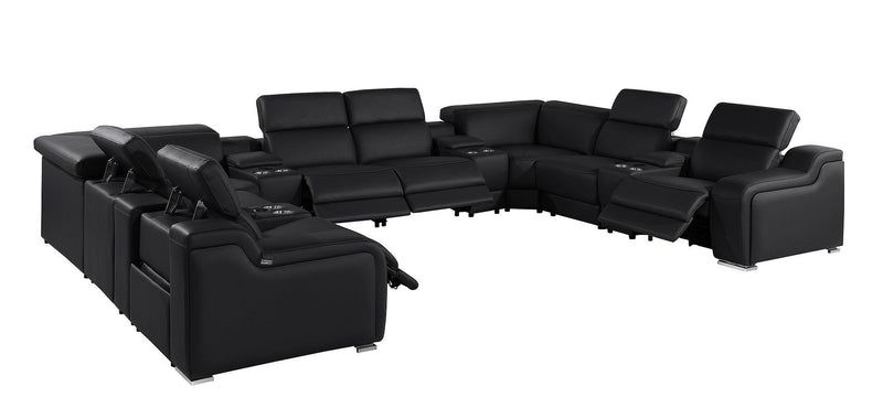 Italian Leather Power Reclining U Shaped Twelve Piece Corner Sectional With Console - Black