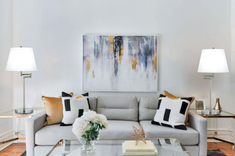 Metal Table Lamp With Off-White Empire Shade - Nickel