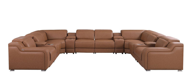 Italian Leather Power Reclining U Shaped Twelve Piece Corner Sectional With Console - Chestnut