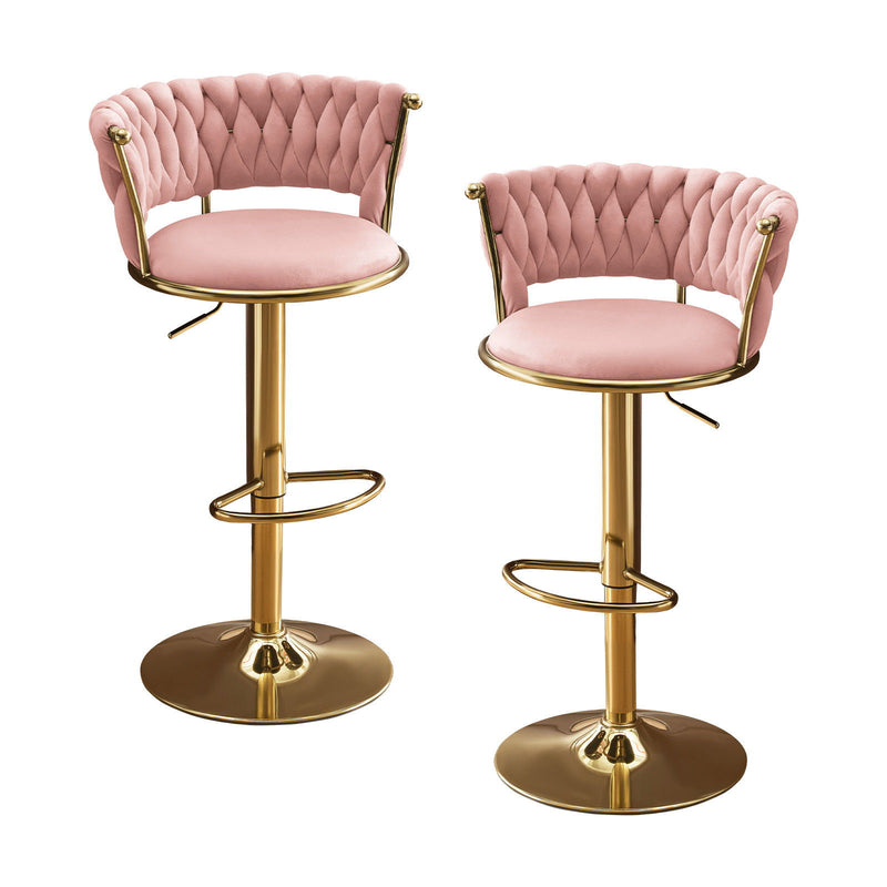 Velvet Metal Low Back Adjustable Height Swivel Bar Chairs (Set of 2) - Pink / Gold