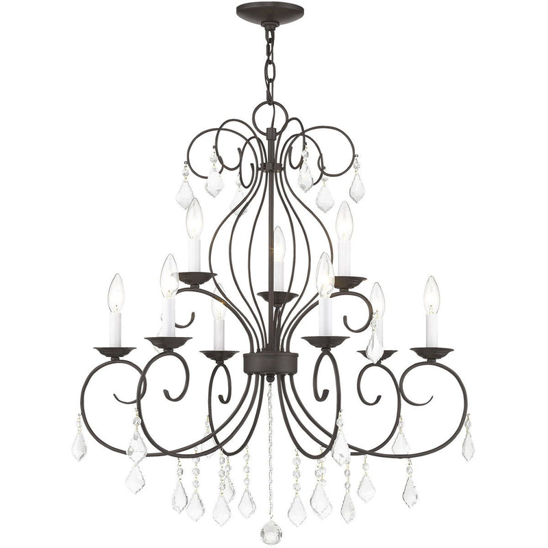 Nine Light Metal Dimmable Chandelier With Shades - Bronze / Clear