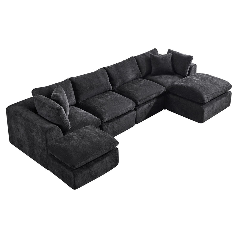 Chenille Modular Sofa With Ottoman And Toss Pillows - Black