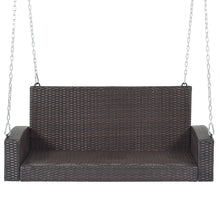 Load image into Gallery viewer, GO 2-Person Wicker Hanging Porch Swing with Chains, Cushion, Pillow, Rattan Swing Bench for Garden, Backyard, Pond. (Brown Wicker, Beige Cushion)
