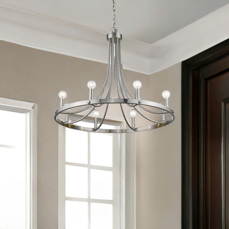 Candle Style Eight Light Metal Dimmable Chandelier - Silver