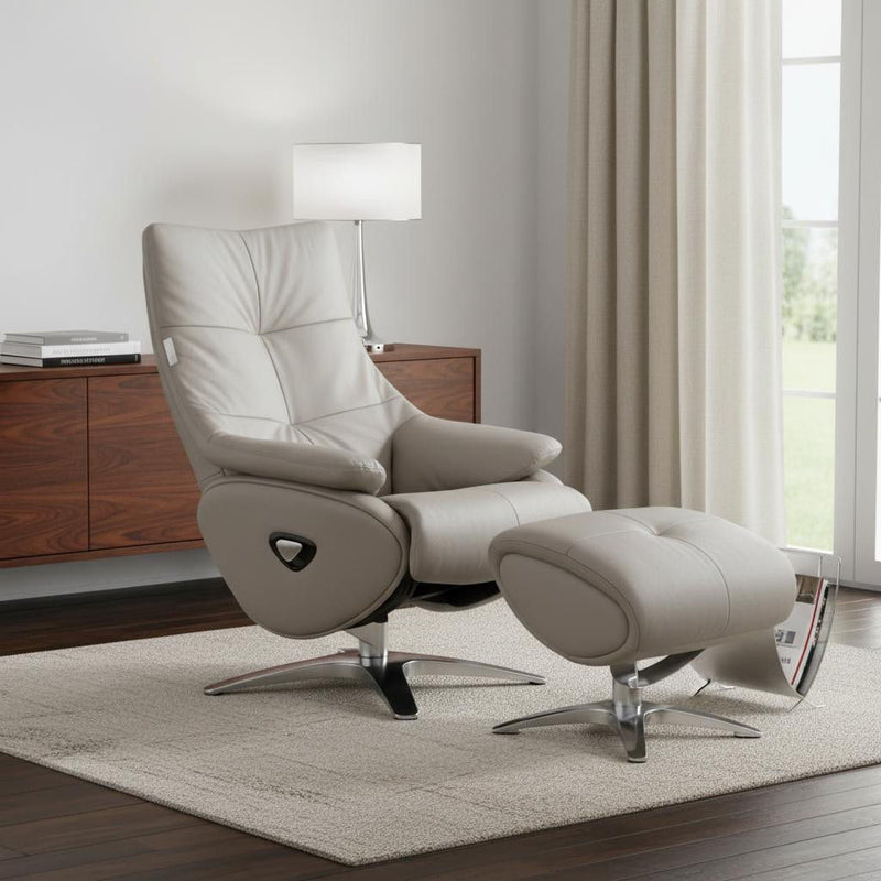Tufted Genuine Leather Manual Swivel Recliner With Ottoman - Gray