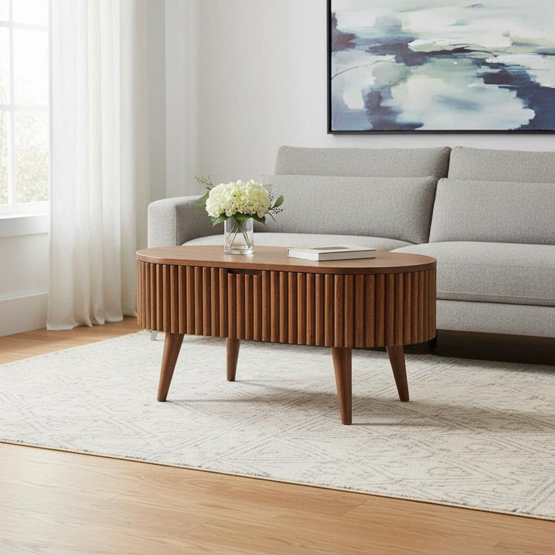 Solid Wood Oval Lift Top Coffee Table With Drawer - Natural