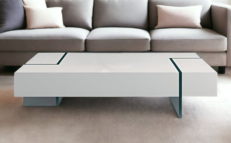 53" Wood And Glass Sled Coffee Table - White And Clear