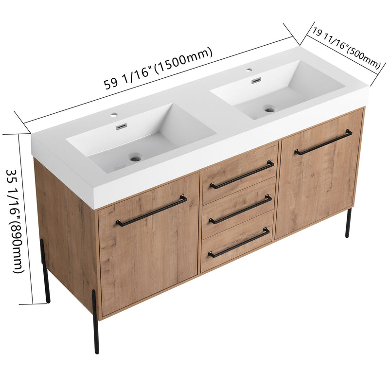 60" Freestanding Bathroom Vanity With Double Sink, Soft Close Doors, 3 Drawers - Imitative Oak