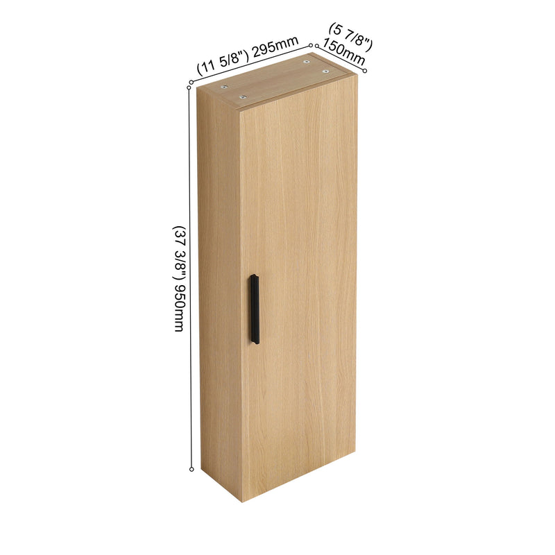 Tall Floating Bathroom Side Cabinet, Wall Mounted Single Door Storage - Light Oak