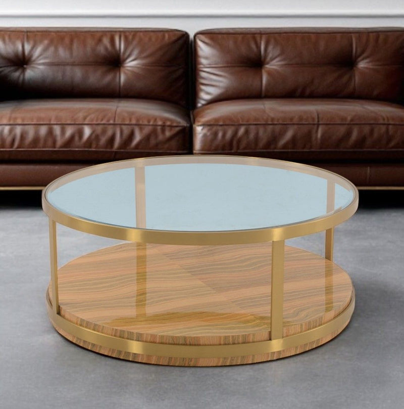 Glass Wood And Metal Round Coffee Table With Shelf - Clear Gold And Brown