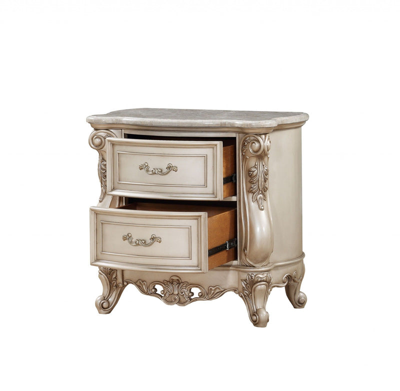 Two Drawers Mirrored Nightstand - Antiqued White