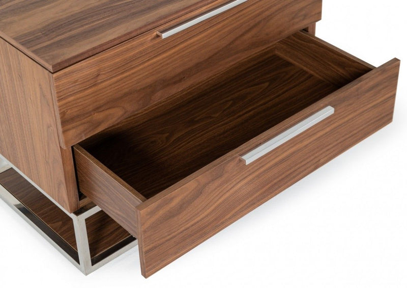 Contemporary Nightstand With Two Drawers - Walnut And Stainless Steel