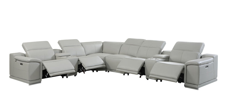 Italian Leather Power Reclining U Shaped 8 Piece Corner Sectional With Console - Light Gray