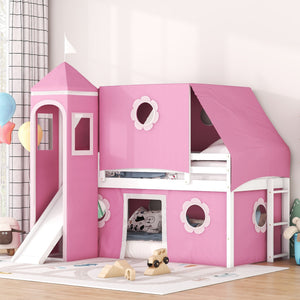 Twin Size Bunk Bed with Slide Pink Tent and Tower - Pink