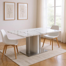 Load image into Gallery viewer, 72" Marble And Stainless Steel Pedestal Base Dining Table - Gray / White
