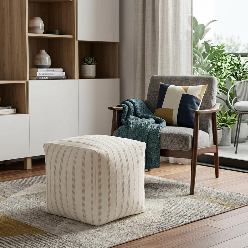 Cotton Blend Striped Cube Pouf Ottoman - Beige And Ivory