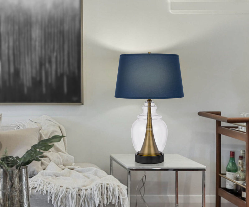 Glass Table Lamp With Navy Blue Empire Shade - Antiqued Brass