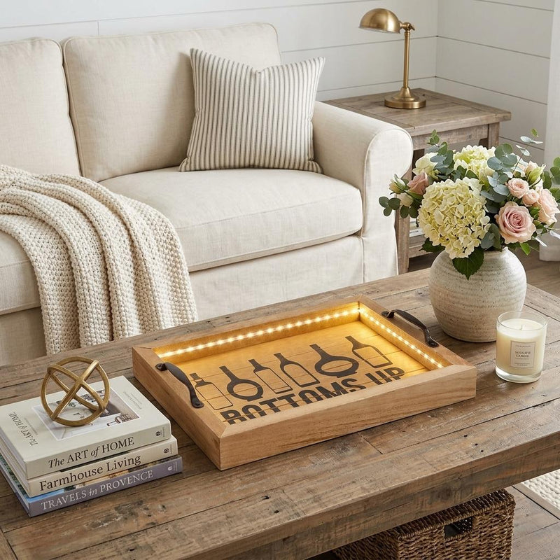Wood Bottoms Up Wine Serving Tray With Handles And Led Lights - Natural And Black