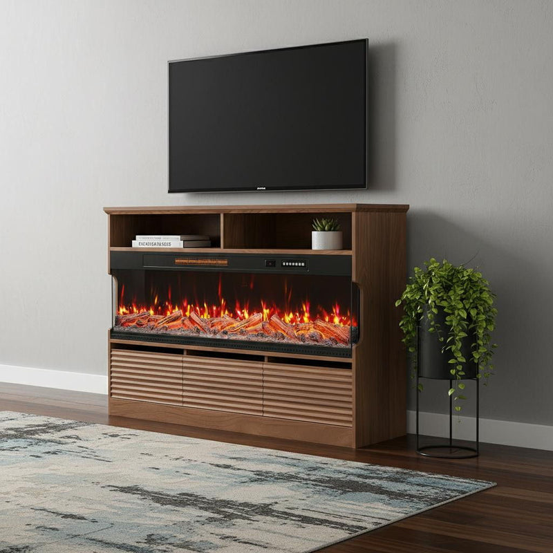 Wood Fireplace Entertainment Center With Fireplace - Brown