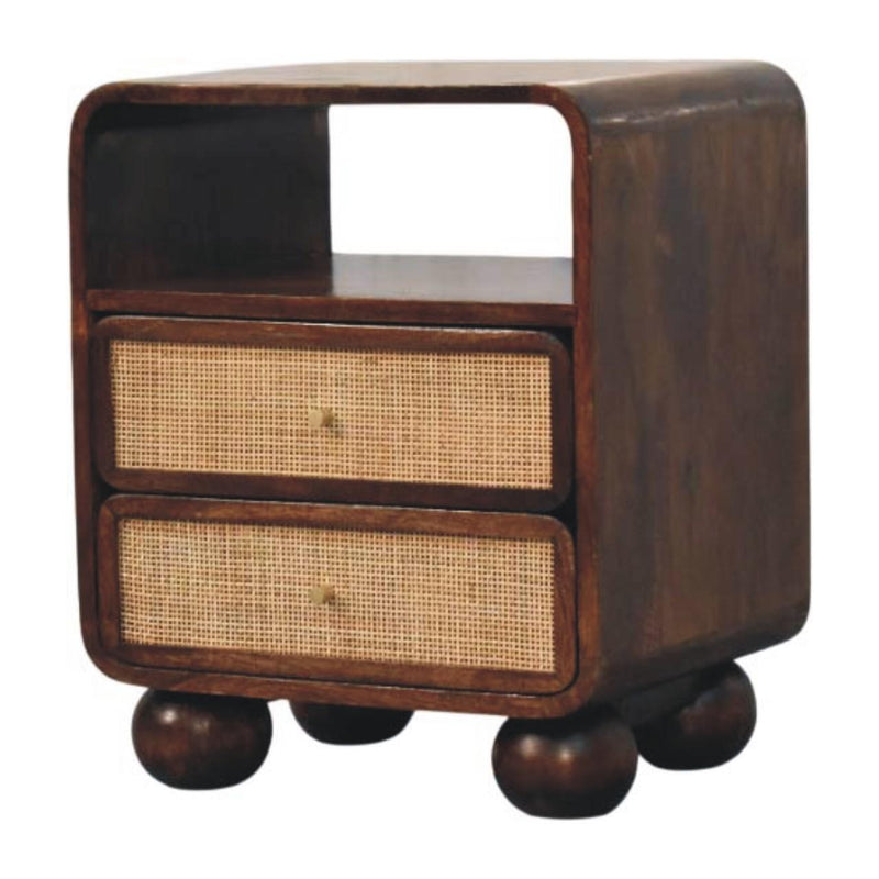 Solid Wood Cane Rattan Two Drawer Nightstand - Walnut