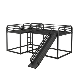 Full and Twin Size L-Shaped Bunk Bed with Slide and Short Ladder, Black